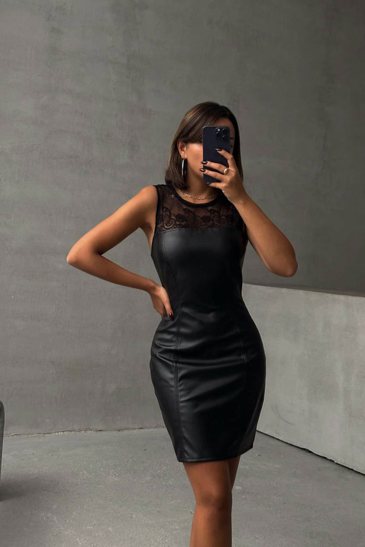 Black Sleeveless Dress with Lace Detail Faux Leather BCHN-2526421 - Stoke-on-Trent