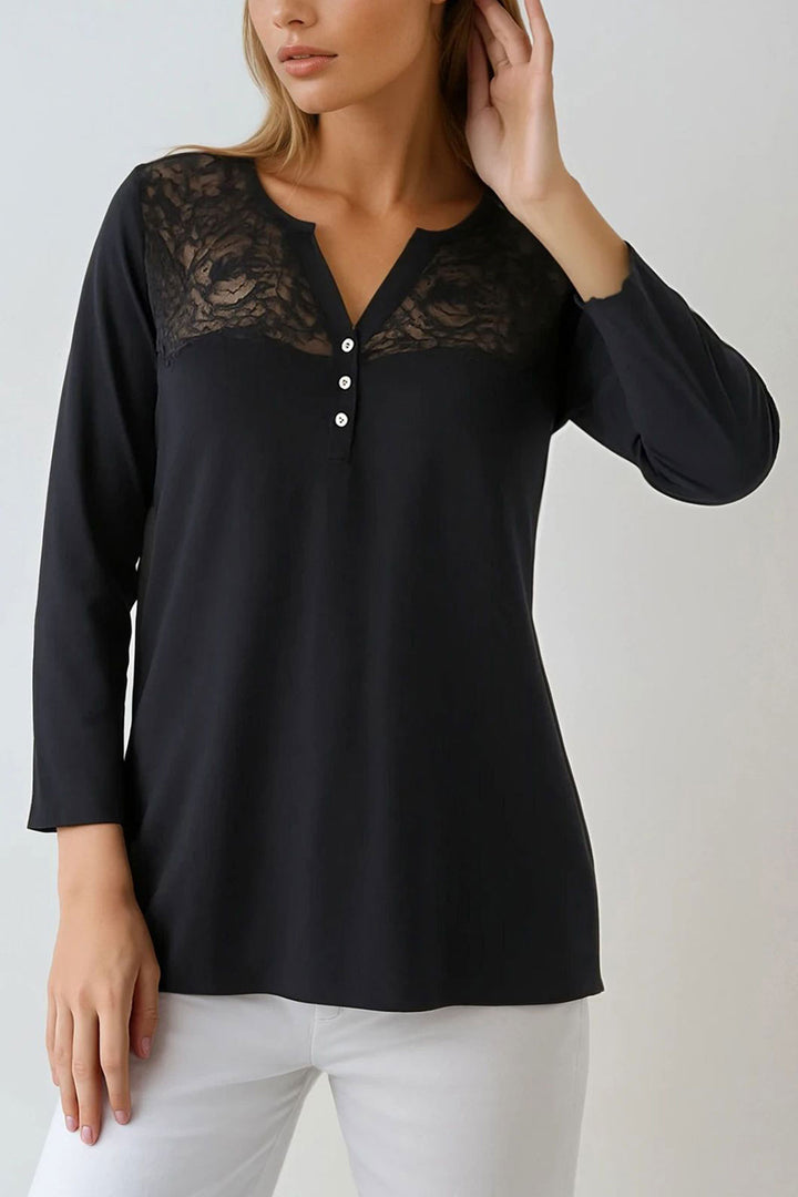 Black Lace Trimmed Button Detail V Neck Blouse BCHPK-251248 - Parkland