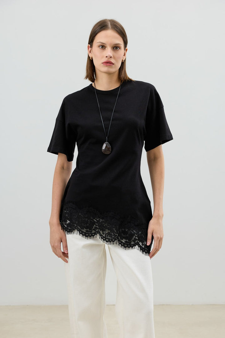ANT Antioch Siyah Dantelli Pamuklu Kadın T-Shirt - Springfield