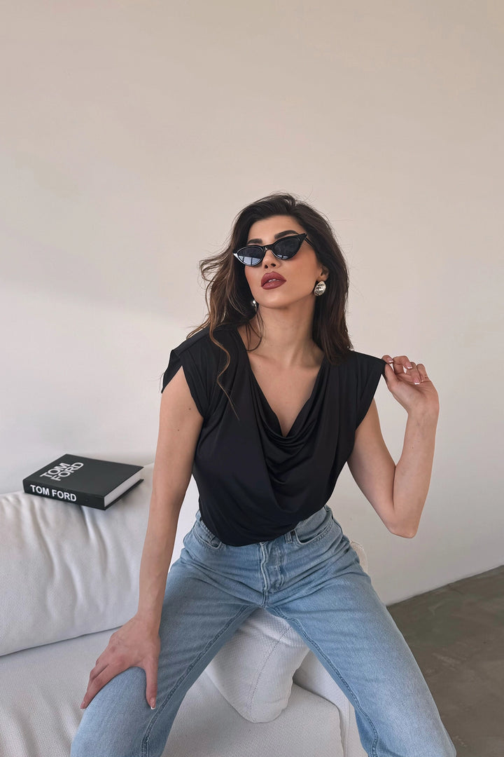 Black Soft Textured Summer Blouse with V-neck and Shoulder Pads BCDF-246004 - Fountainebleau