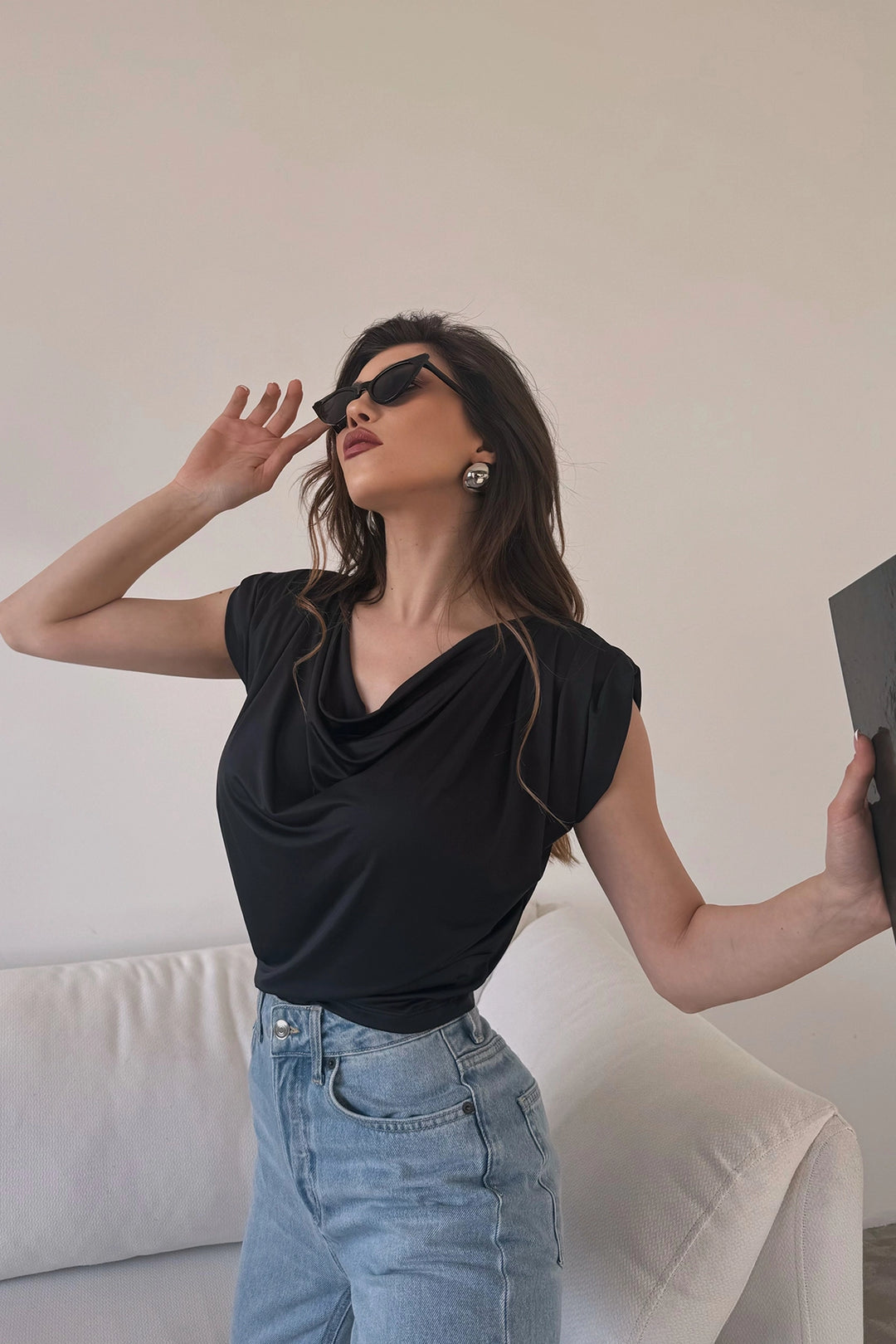 Black Soft Textured Summer Blouse with V-neck and Shoulder Pads BCDF-246004 - Fountainebleau