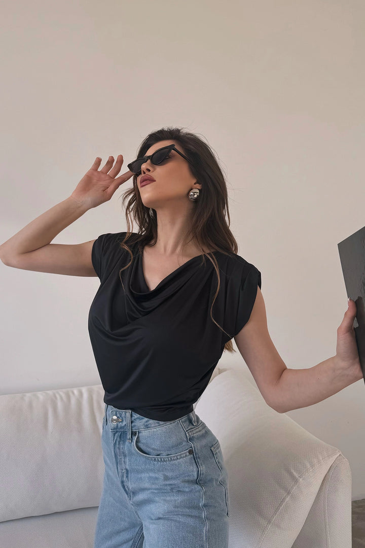 Black Soft Textured Summer Blouse with V-neck and Shoulder Pads BCDF-246004 - Fountainebleau