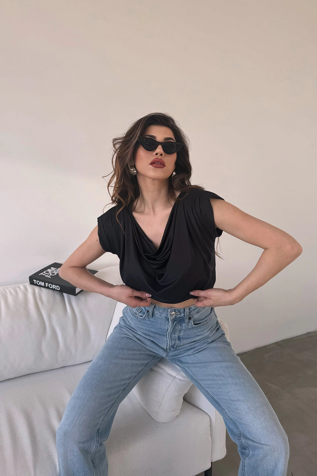 Black Soft Textured Summer Blouse with V-neck and Shoulder Pads BCDF-246004 - Fountainebleau