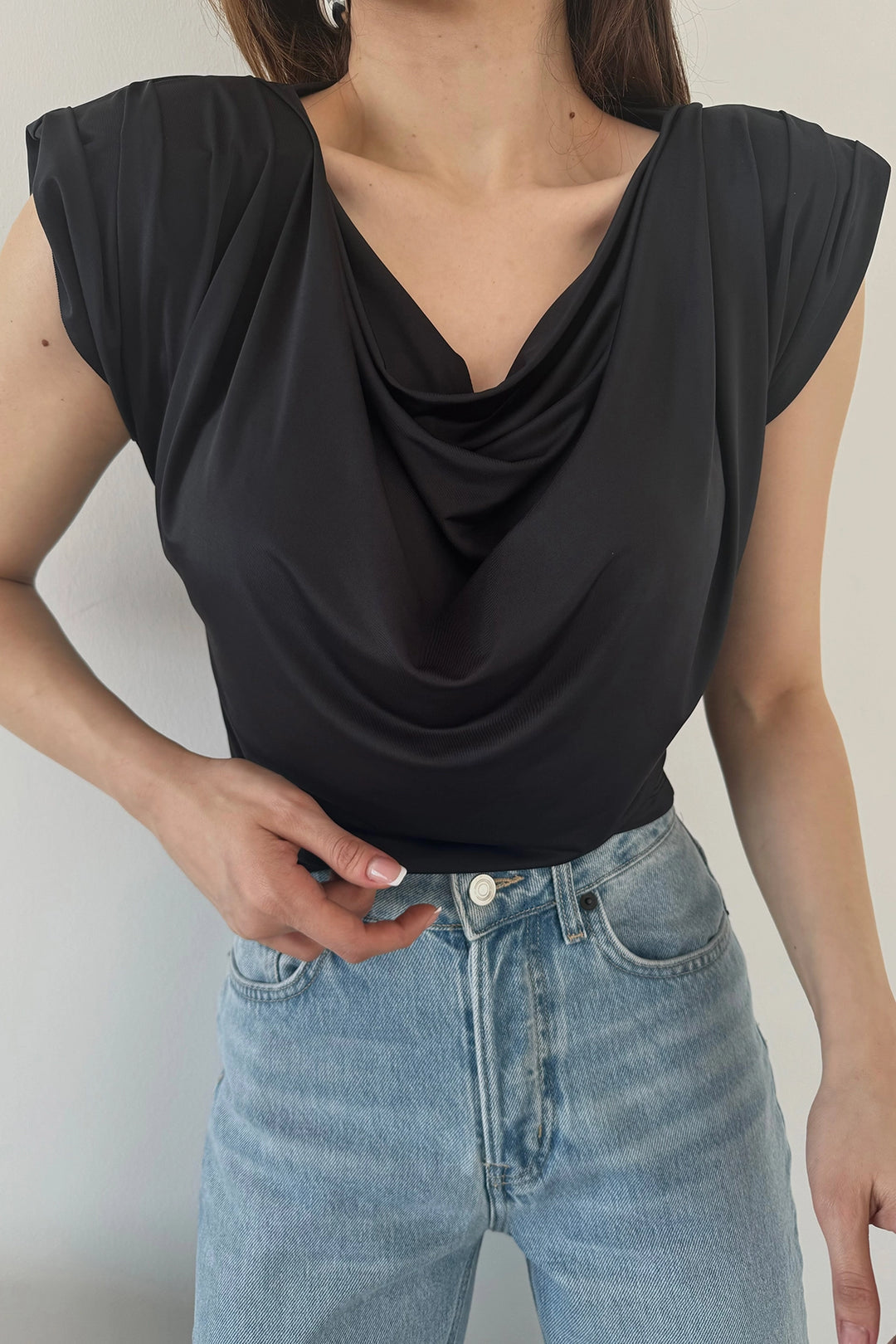 Black Soft Textured Summer Blouse with V-neck and Shoulder Pads BCDF-246004 - Fountainebleau