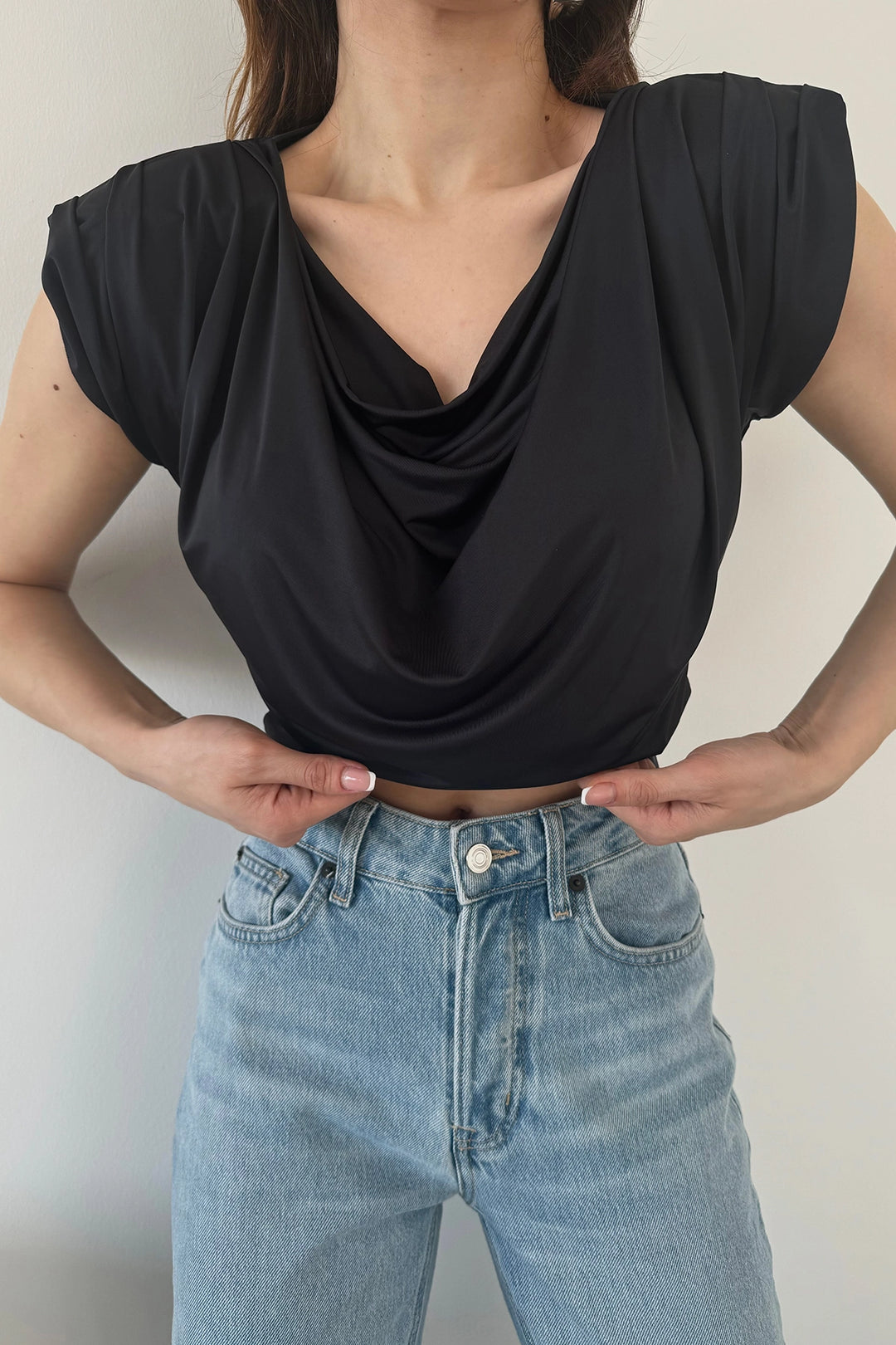Black Soft Textured Summer Blouse with V-neck and Shoulder Pads BCDF-246004 - Fountainebleau