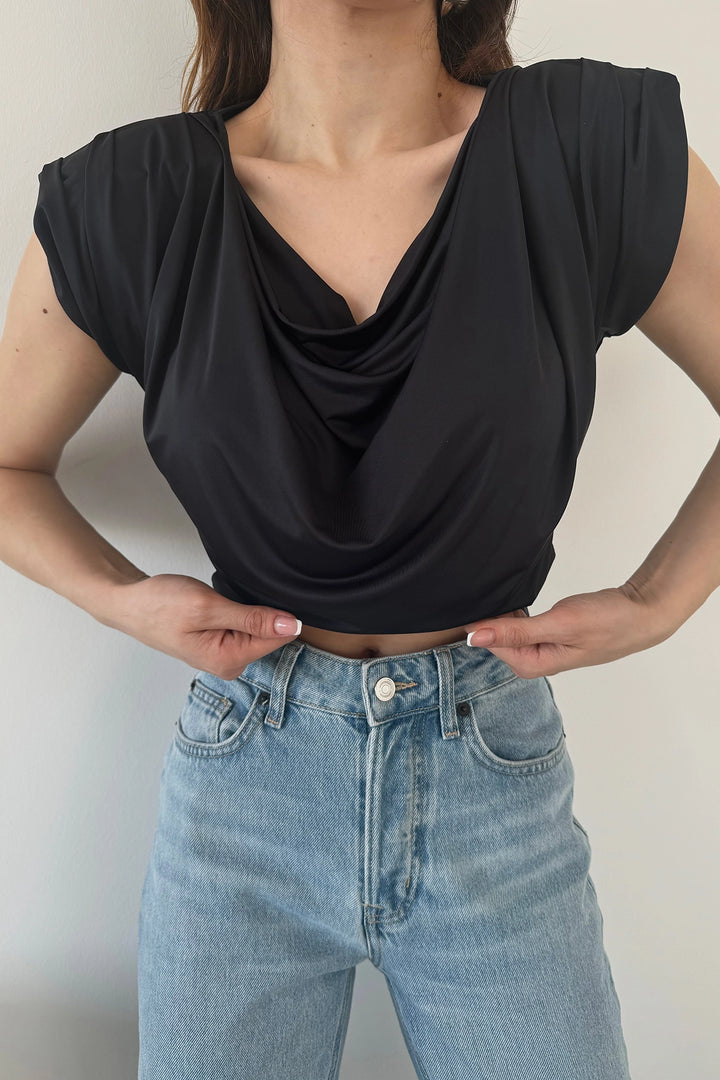 Black Soft Textured Summer Blouse with V-neck and Shoulder Pads BCDF-246004 - Fountainebleau