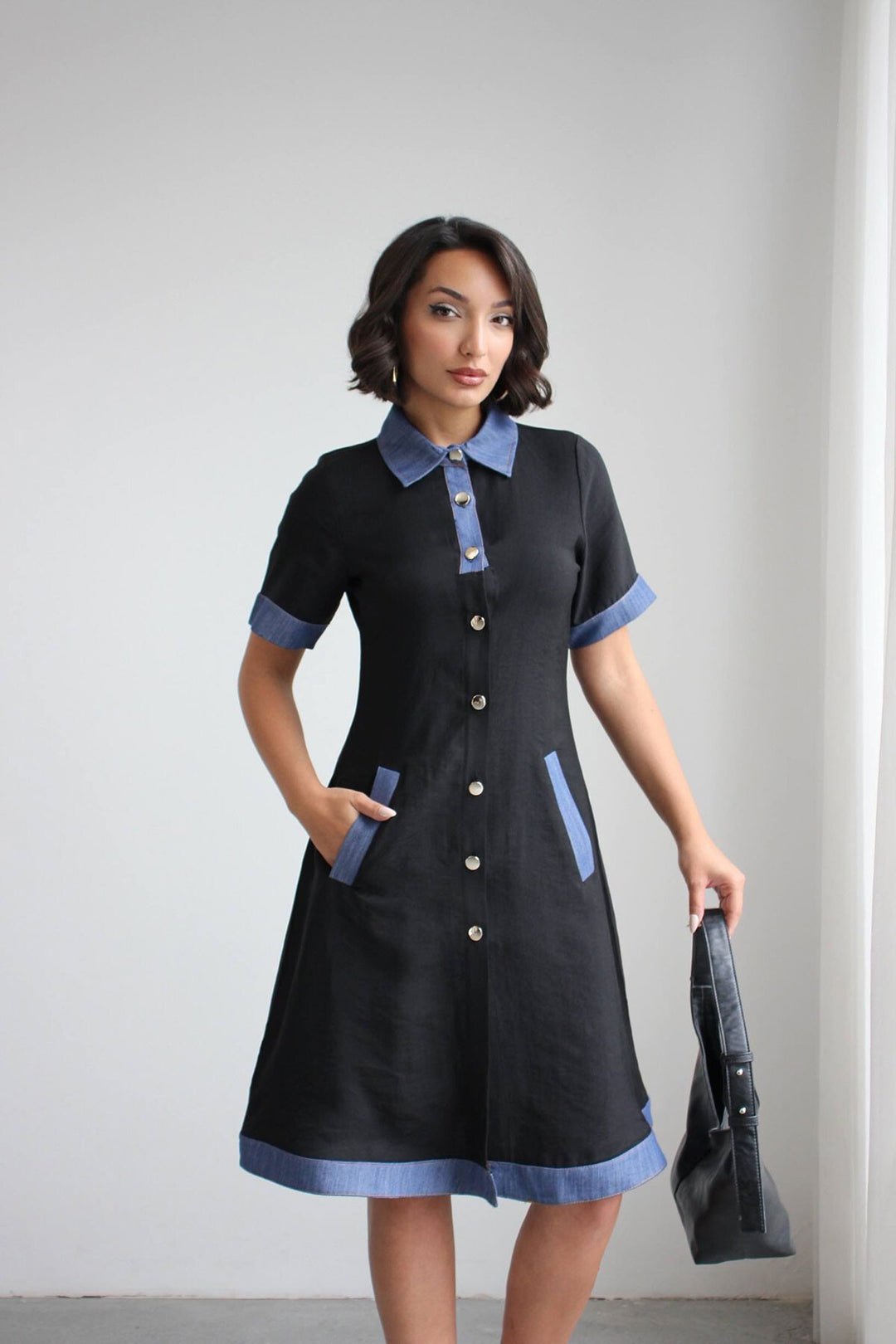 Siyah Denim Garnili Düğmeli Tensel Dokuma Elbise BCHN-2526114 - Las Cruces