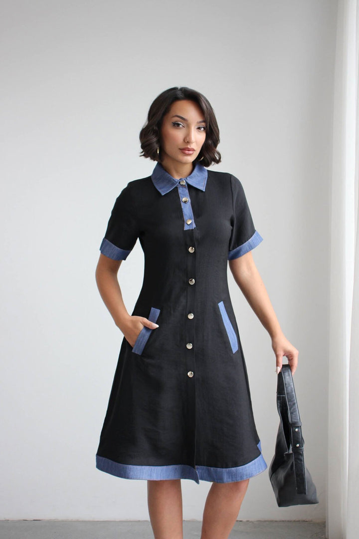 Siyah Denim Garnili Düğmeli Tensel Dokuma Elbise BCHN-2526114 - Las Cruces