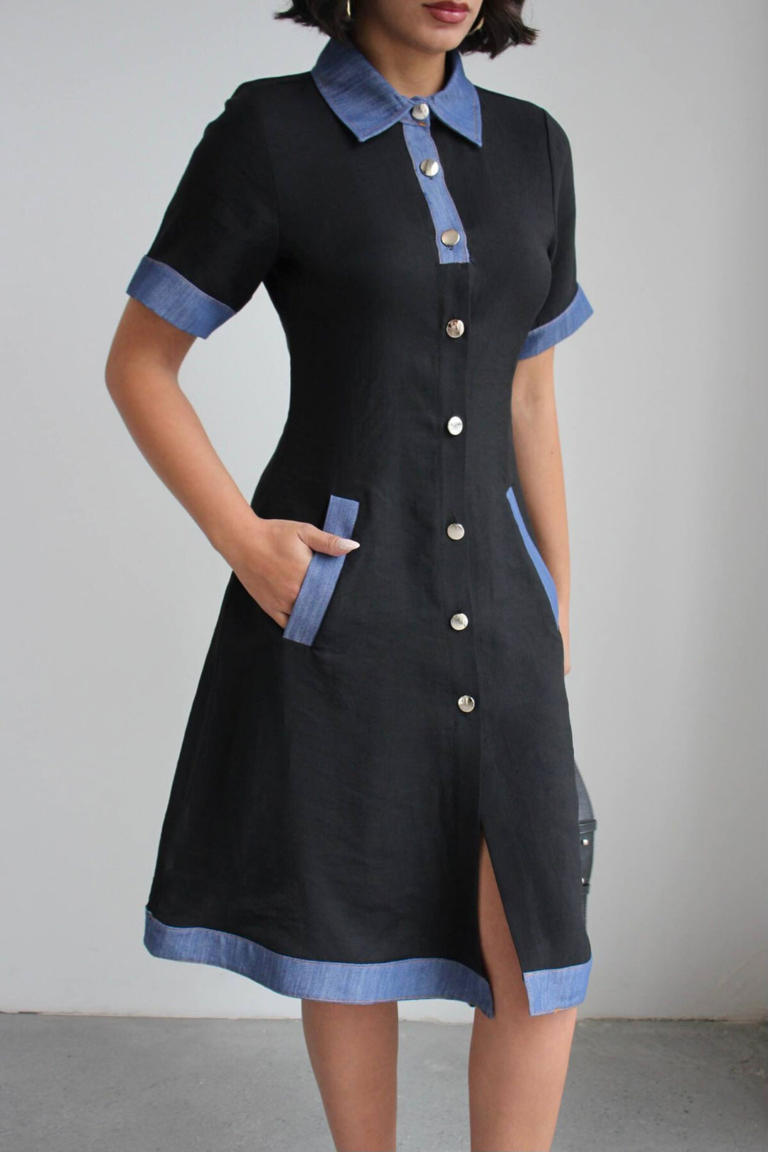 Siyah Denim Garnili Düğmeli Tensel Dokuma Elbise BCHN-2526114 - Las Cruces