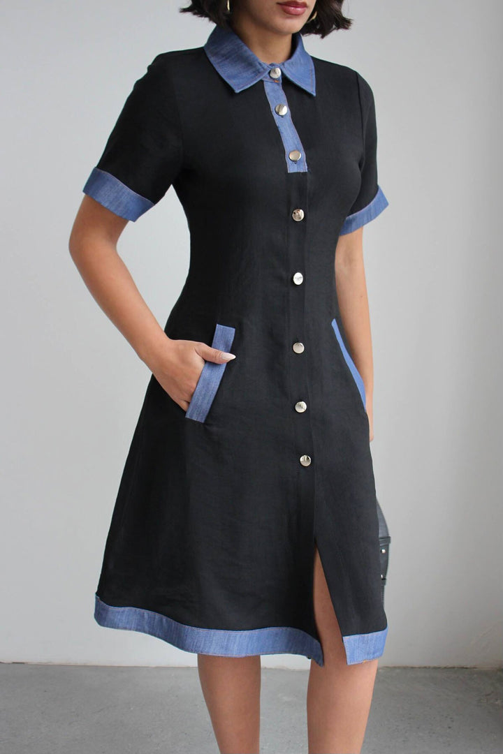 Siyah Denim Garnili Düğmeli Tensel Dokuma Elbise BCHN-2526114 - Las Cruces