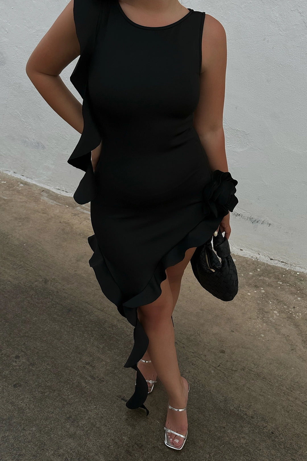 EYY Women Black Deep Slit Ruffle Detail Dress - Mesquite