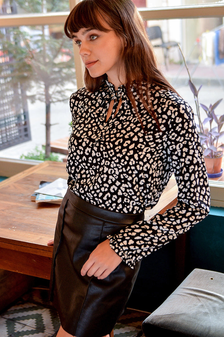 Black Patterned Blouse with Drop Neckline BCBSK-25700-K4493 - Matamoros