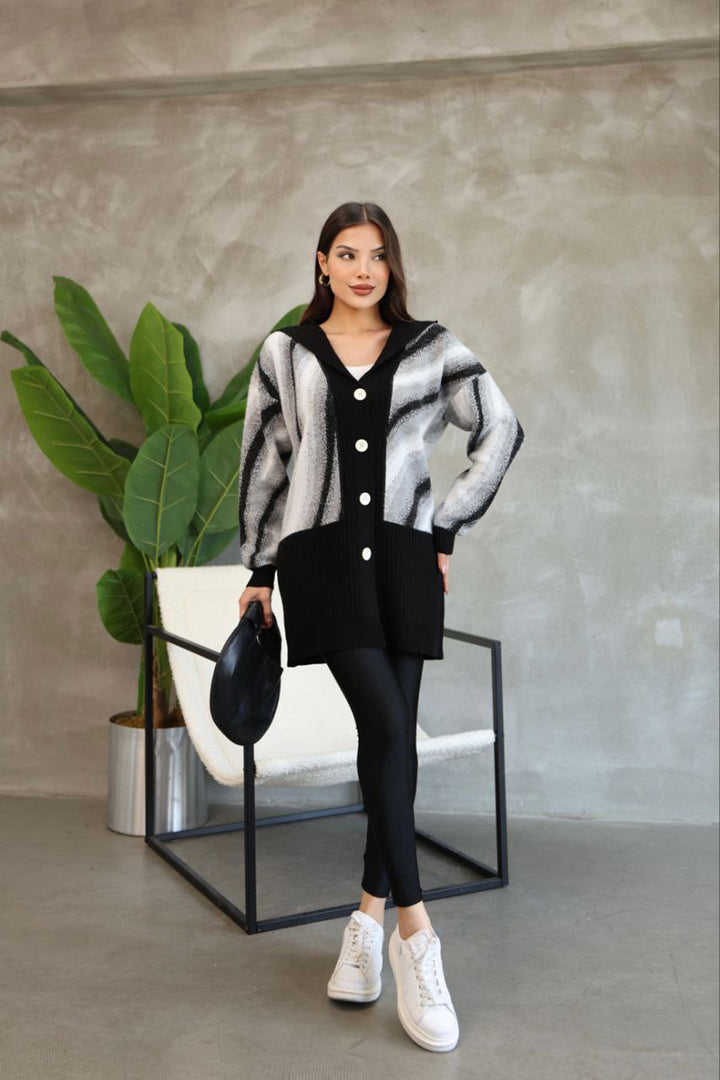 Black Patterned Button Detail Knit Cardigan BCES-252025 - Middletown