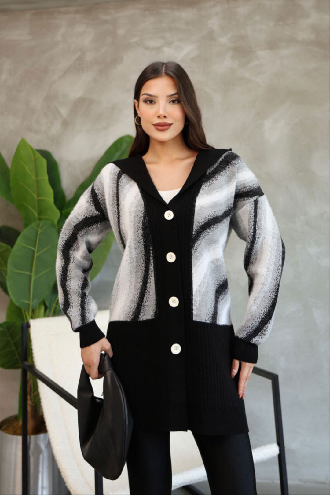 Black Patterned Button Detail Knit Cardigan BCES-252025 - Middletown