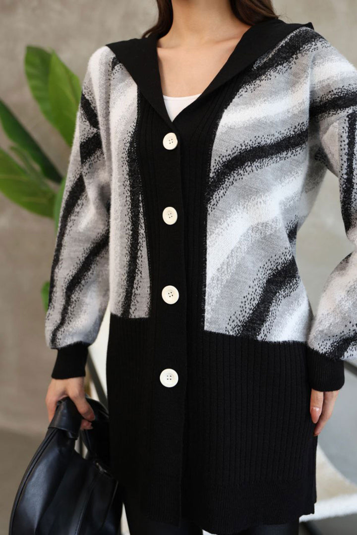 Black Patterned Button Detail Knit Cardigan BCES-252025 - Middletown