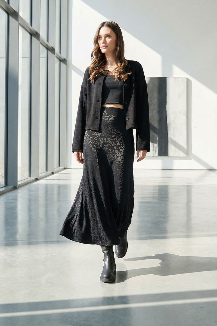 Black Patterned Zipper Closure Midi Skirt BCHCA-251234 - Lübeck