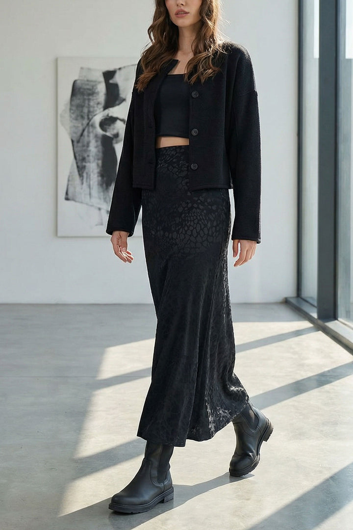 Black Patterned Zipper Closure Midi Skirt BCHCA-251234 - Ferizaj