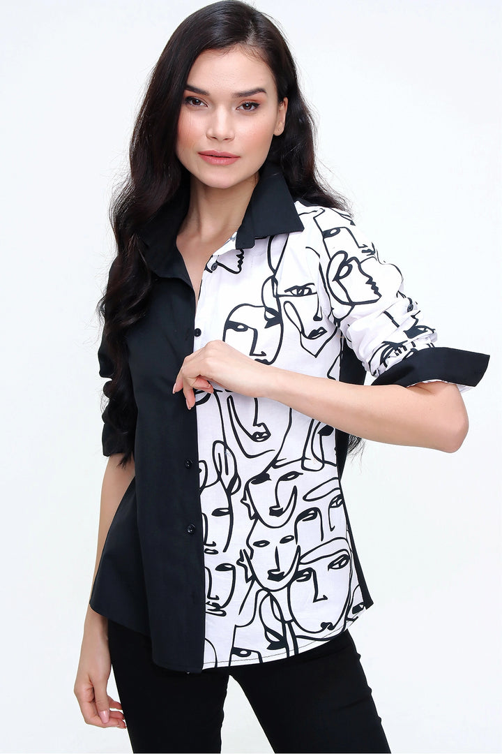 Black Patterned Garnished Poplin Loose Shirt BCBSK-25700-3074 - Cava de’ Tirreni