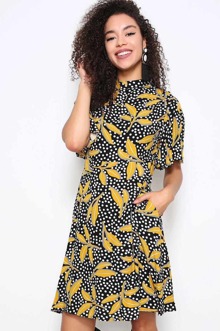 Black Patterned Short Sleeve Dress BCBSK-25700-K5069 - Turnhout