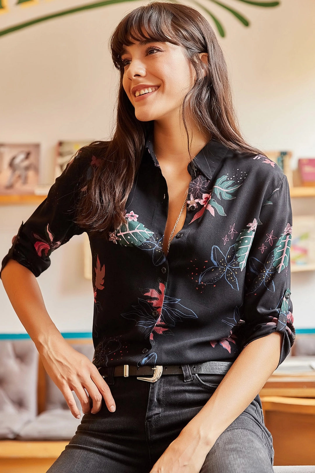 Black Patterned Shirt with Epaulettes BCBSK-25700-K4570 - Ivry-sur-Seine