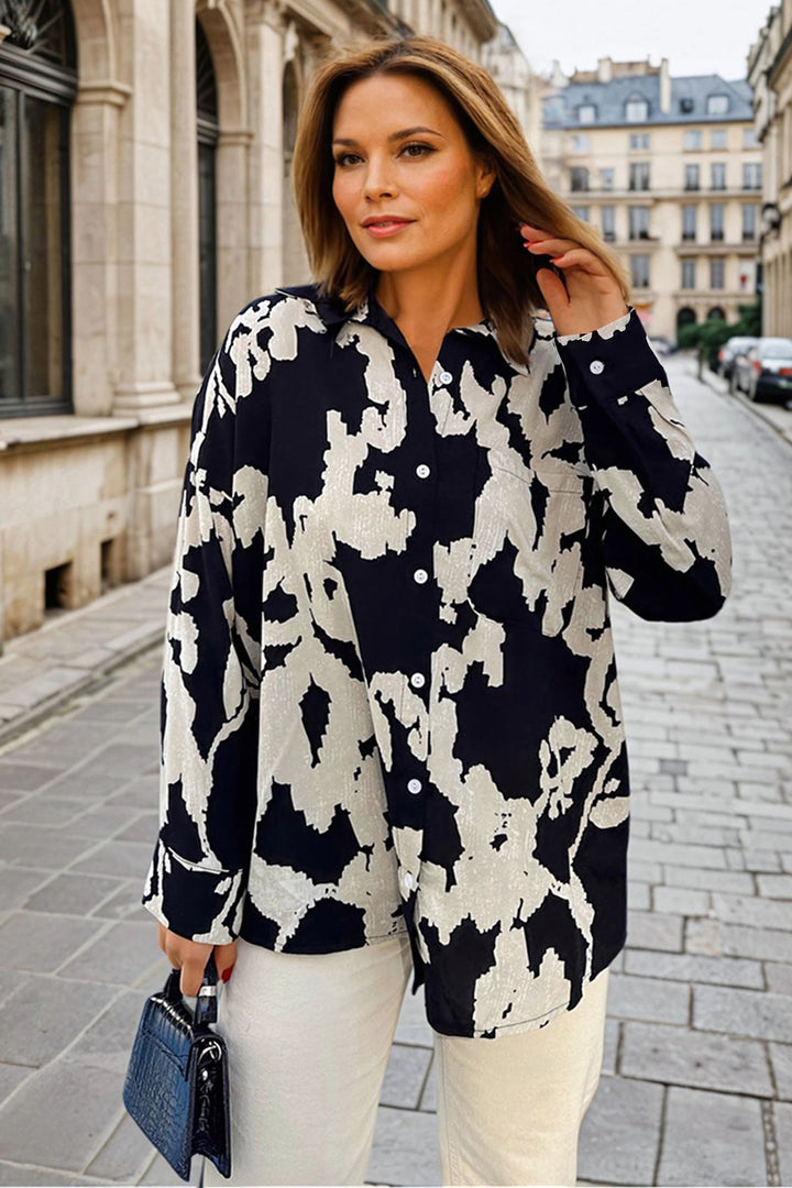 Black Patterned Oversized Long Sleeve Shirt BCBSK-25700-3457 - Limerick