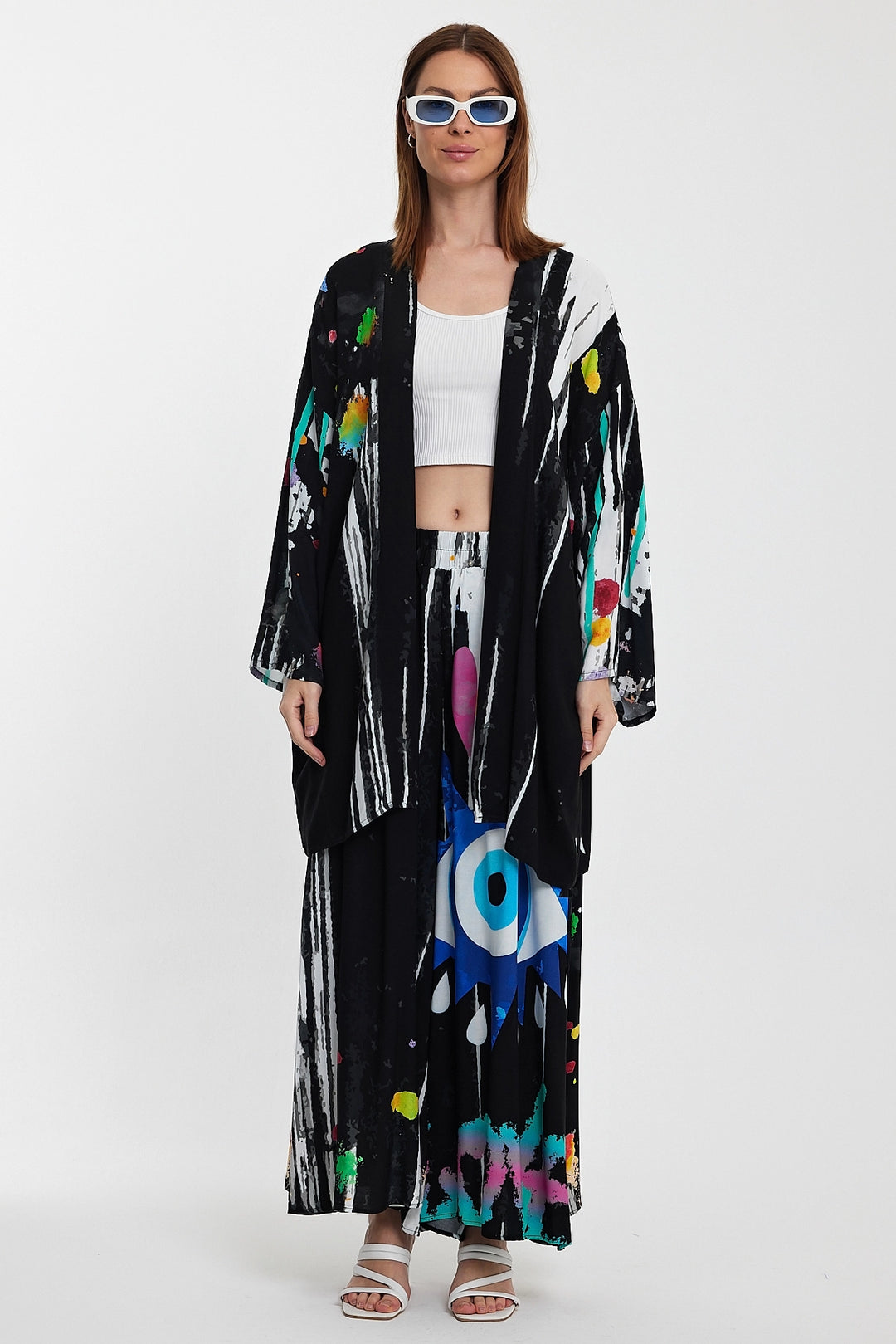 Maxi Boy Black Patterned Pants and Long Kimono Woven Set BCVL-24976 - Mandeville