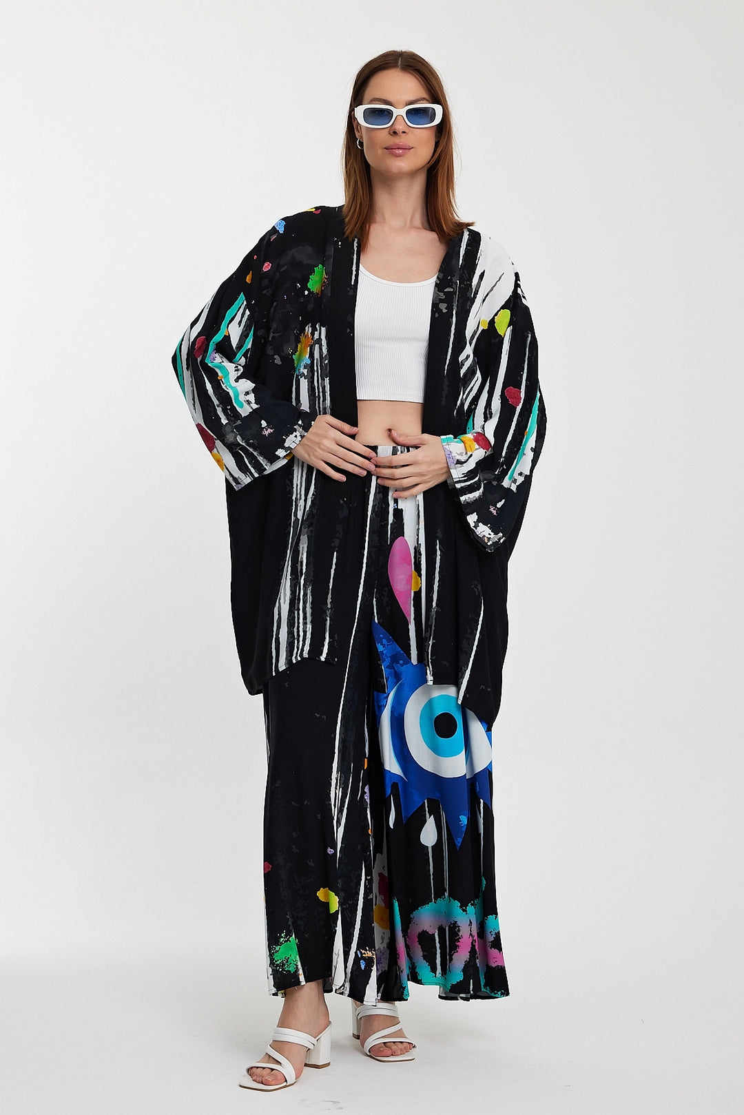 Maxi Boy Black Patterned Pants and Long Kimono Woven Set BCVL-24976 - Mandeville