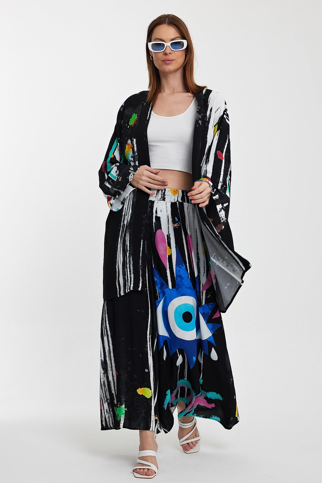 Maxi Boy Black Patterned Pants and Long Kimono Woven Set BCVL-24976 - Mandeville