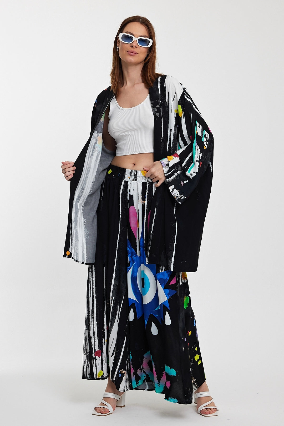 Maxi Boy Black Patterned Pants and Long Kimono Woven Set BCVL-24976 - Mandeville