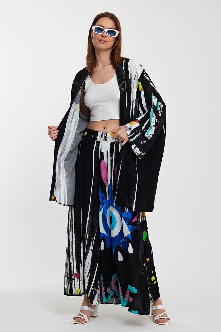 Maxi Boy Black Patterned Pants and Long Kimono Woven Set BCVL-24976 - Mandeville