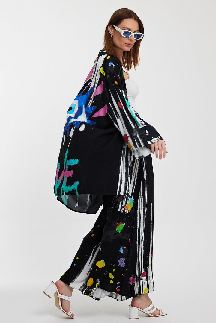 Maxi Boy Black Patterned Pants and Long Kimono Woven Set BCVL-24976 - Mandeville