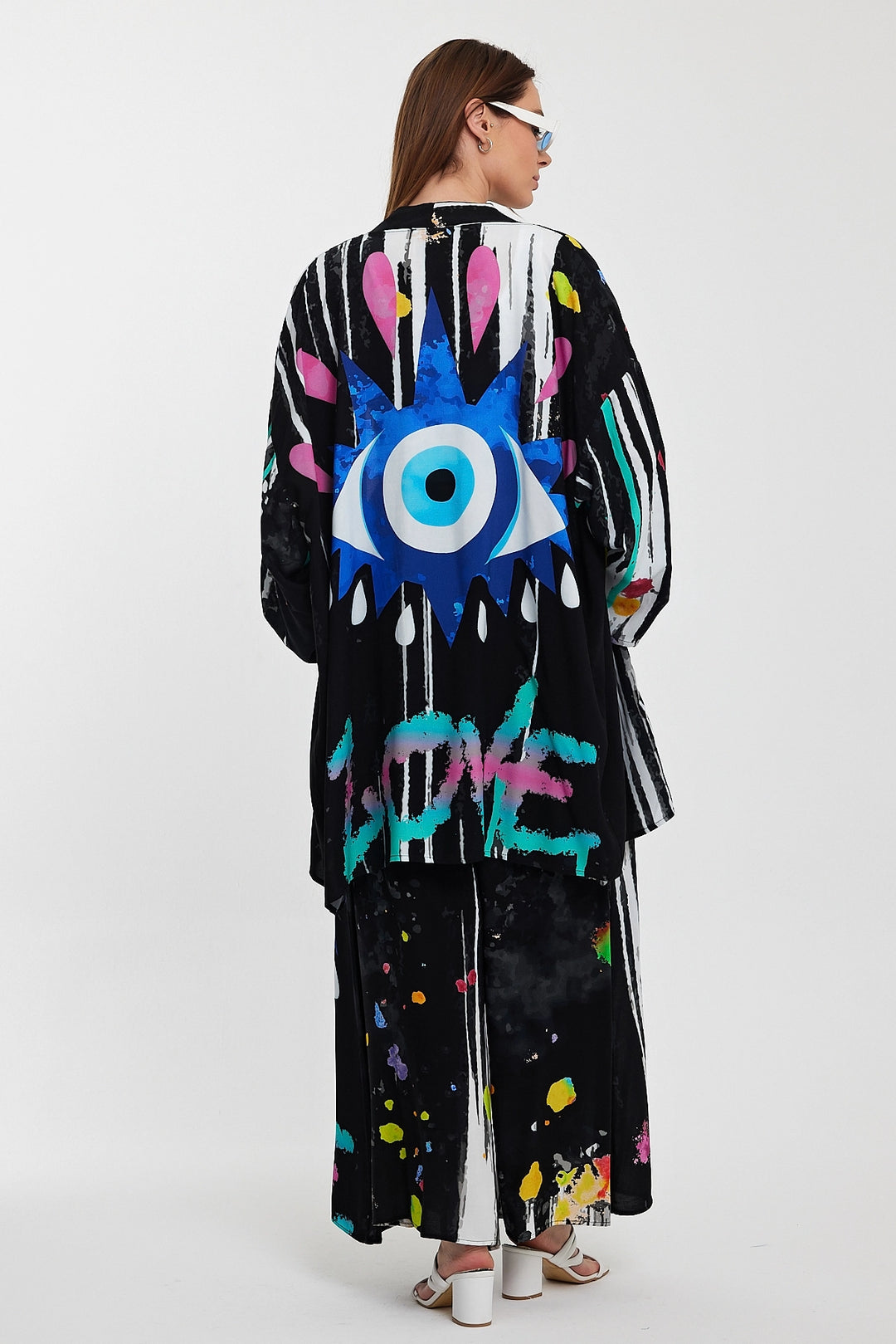 Maxi Boy Black Patterned Pants and Long Kimono Woven Set BCVL-24976 - Mandeville