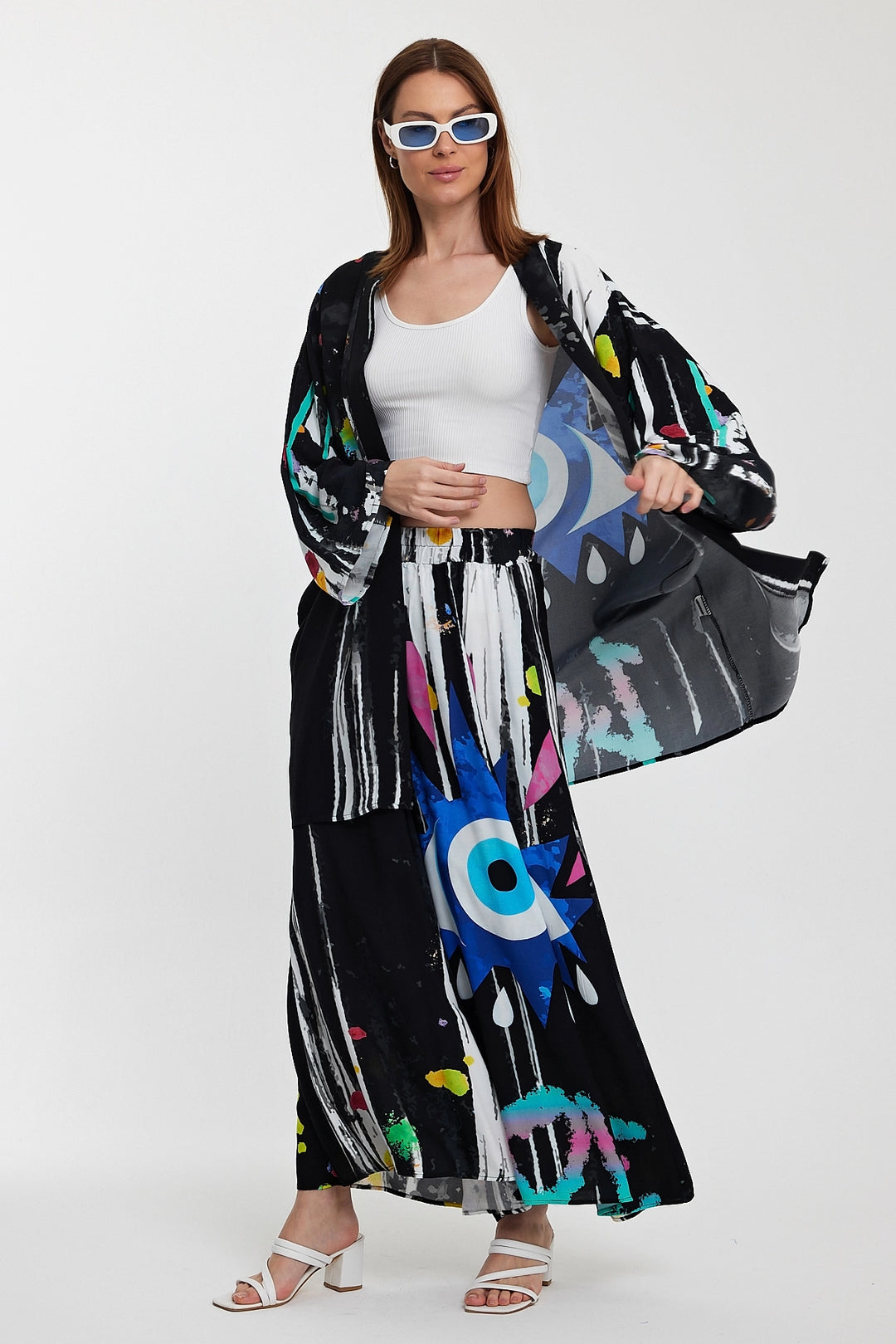 Maxi Boy Black Patterned Pants and Long Kimono Woven Set BCVL-24976 - Mandeville