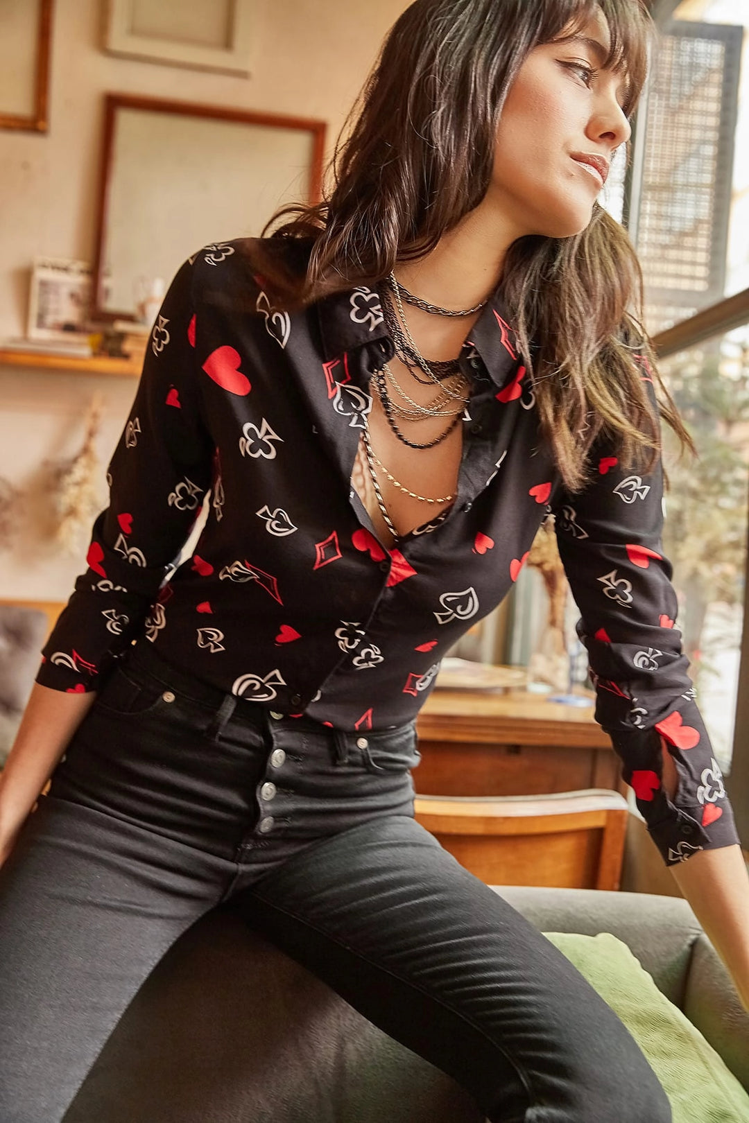 Black Patterned Long Sleeve Shirt BCBSK-25700-K4345 - Hickory