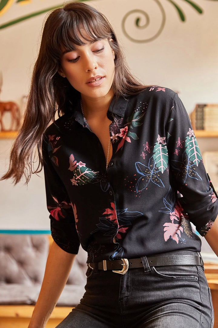 Black Patterned Long Sleeve Shirt BCBSK-25700-K4921 - Johns Creek