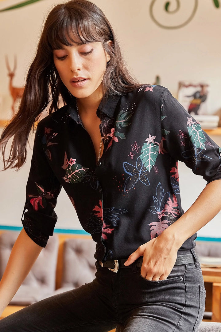 Black Patterned Long Sleeve Shirt BCBSK-25700-K4921 - Johns Creek
