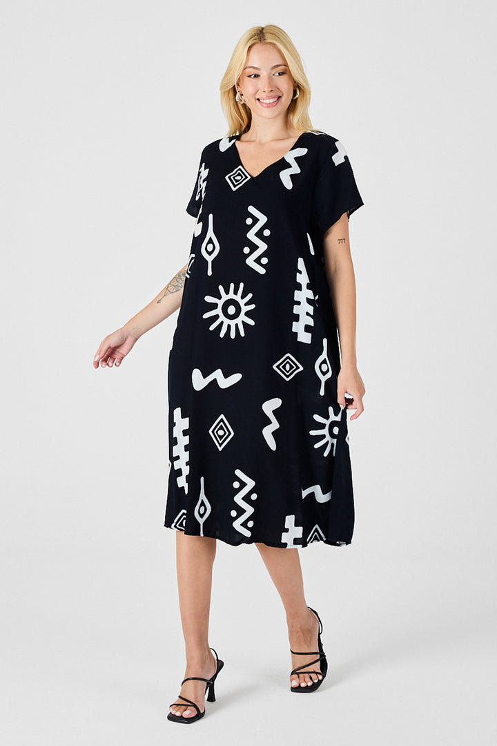 Black Patterned V-Neck Short Sleeve Slit Midi Dress BCVL-254013 - Henrietta