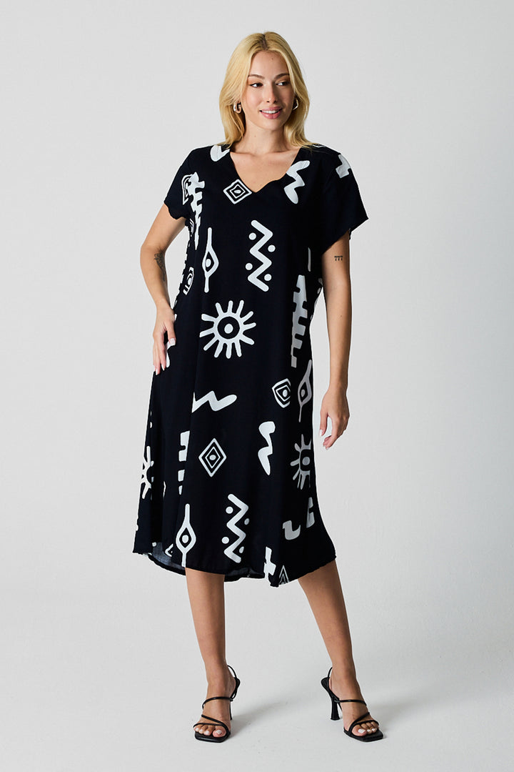 Black Patterned V-Neck Short Sleeve Slit Midi Dress BCVL-254013 - Henrietta