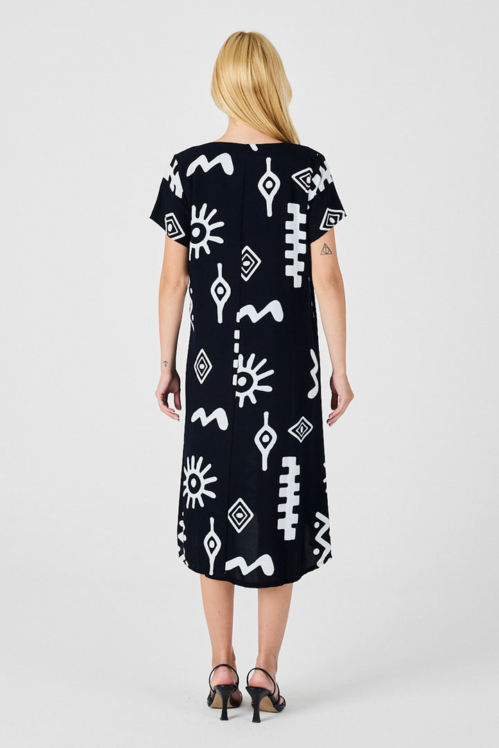 Black Patterned V-Neck Short Sleeve Slit Midi Dress BCVL-254013 - Henrietta