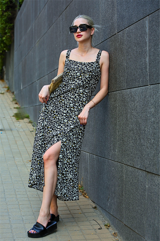 MDX Black Patterned Slit Long Dress MG1868 - Rexburg
