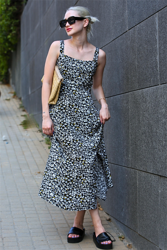 MDX Black Patterned Slit Long Dress MG1868 - Rexburg