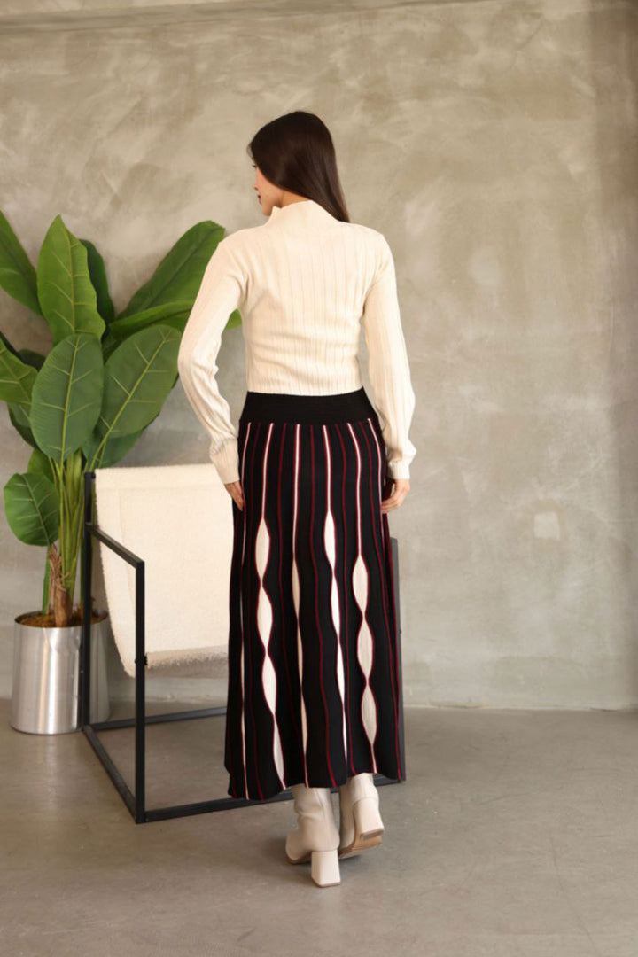 Black High Neck Skirt-Look One-Piece Patterned Knit Dress BCES-252020 - Oxford