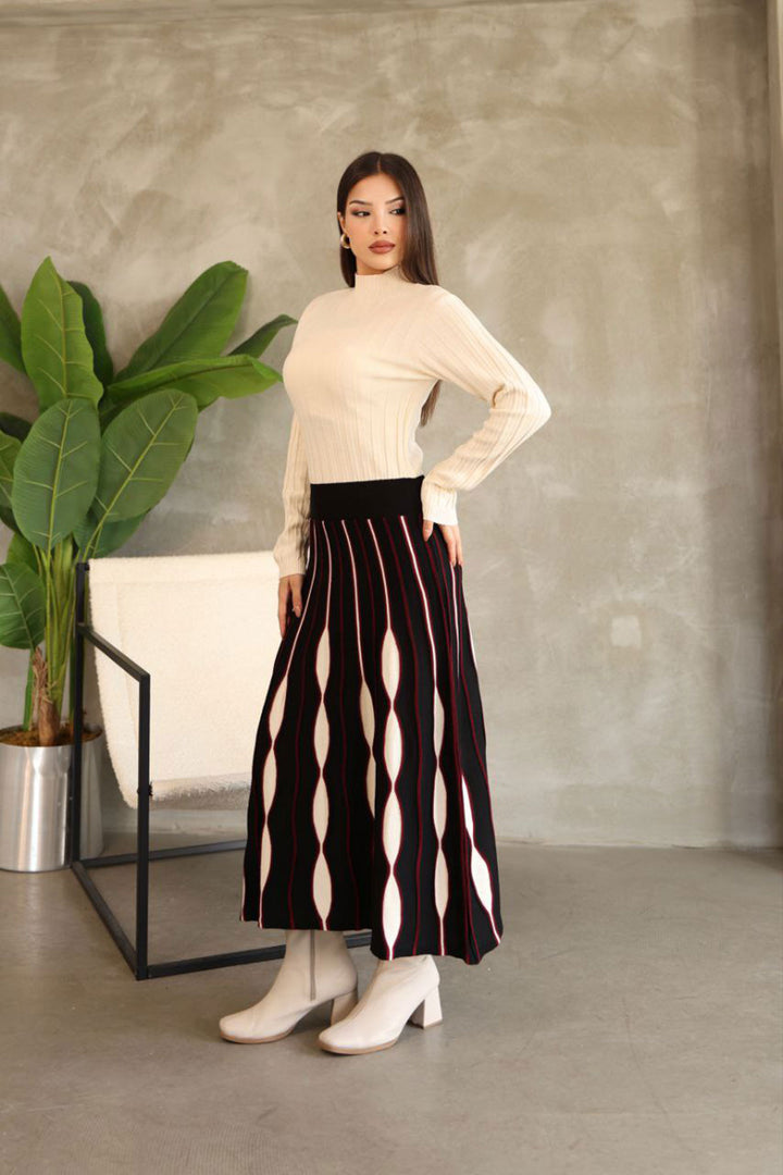 Black High Neck Skirt-Look One-Piece Patterned Knit Dress BCES-252020 - Oxford