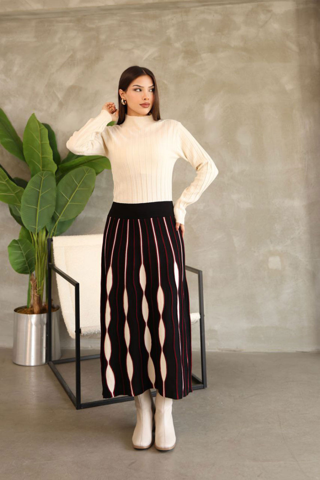 Black High Neck Skirt-Look One-Piece Patterned Knit Dress BCES-252020 - Oxford