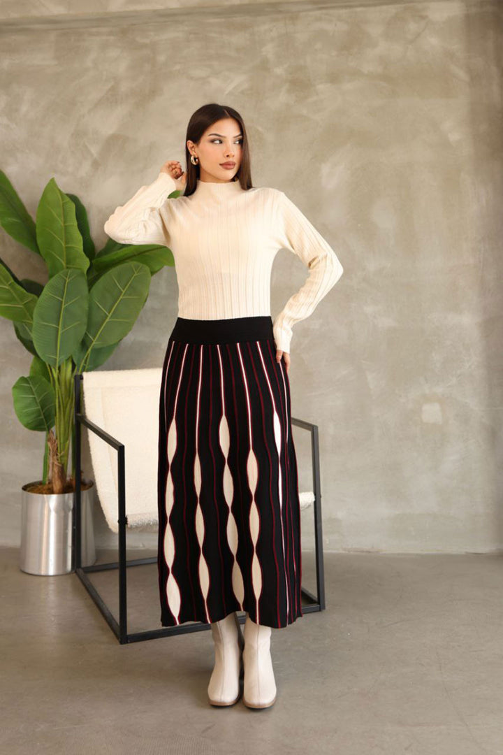 Black High Neck Skirt-Look One-Piece Patterned Knit Dress BCES-252020 - Oxford