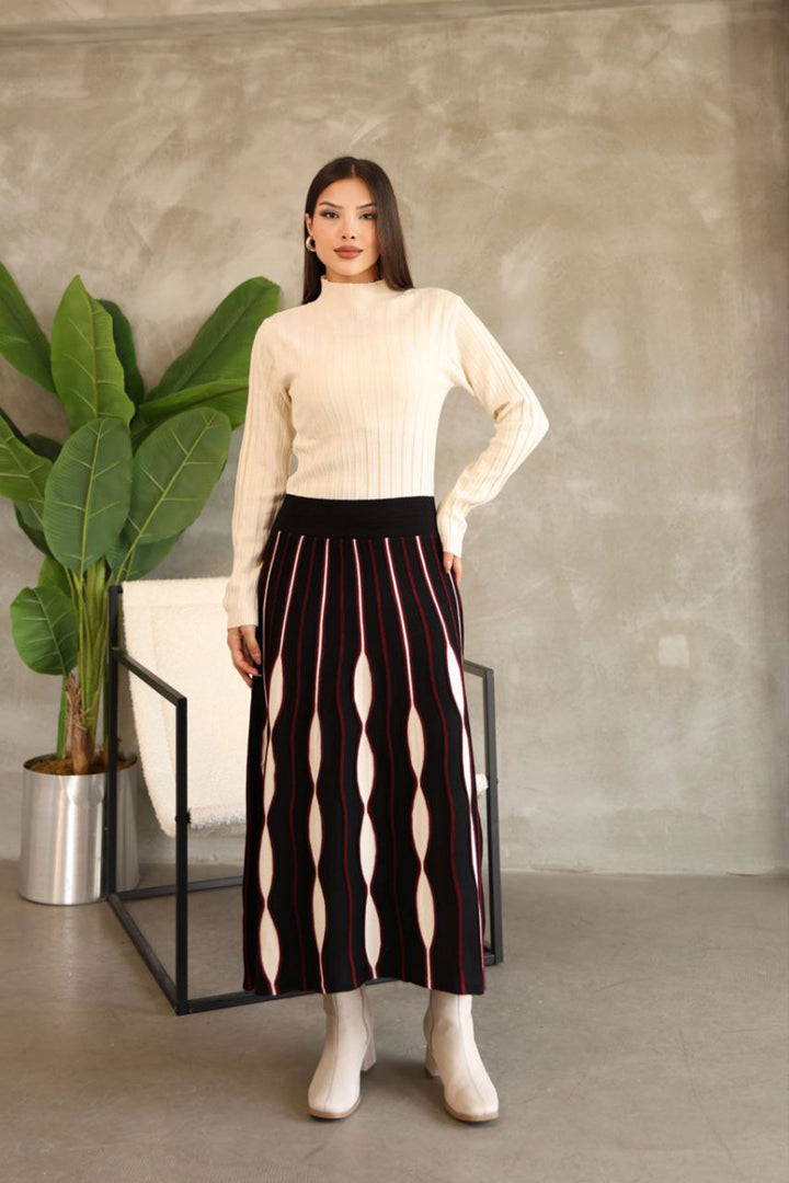 Black High Neck Skirt-Look One-Piece Patterned Knit Dress BCES-252020 - Oxford