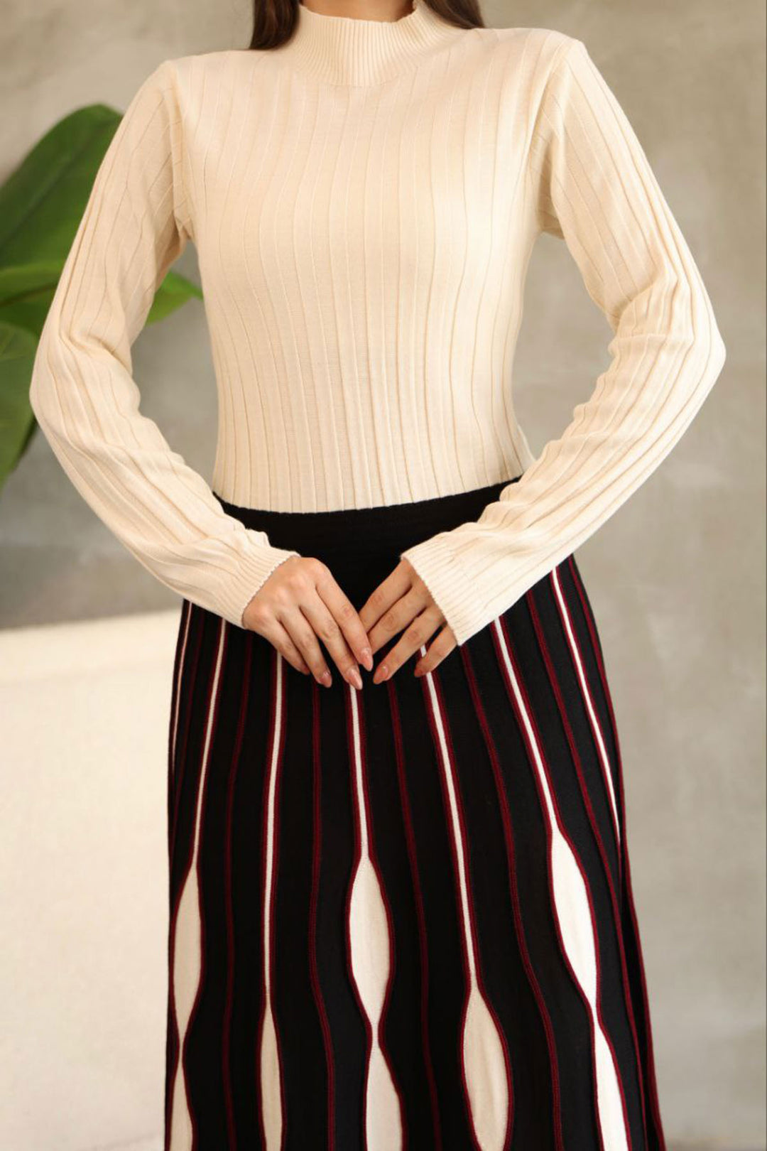 Black High Neck Skirt-Look One-Piece Patterned Knit Dress BCES-252020 - Oxford