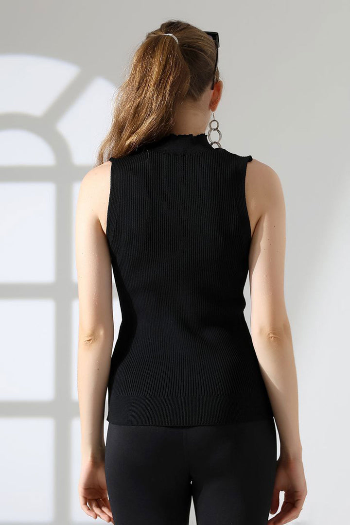 Black High Neck Sleeveless Patterned Knit Blouse BCES-252001 - Narva