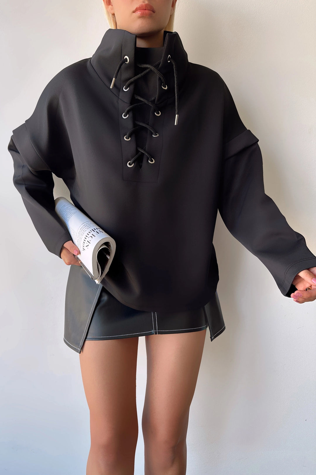 Black High Neck Bird Eye Lace-Up Scuba Sweatshirt BCPK-236000 - Garden Grove