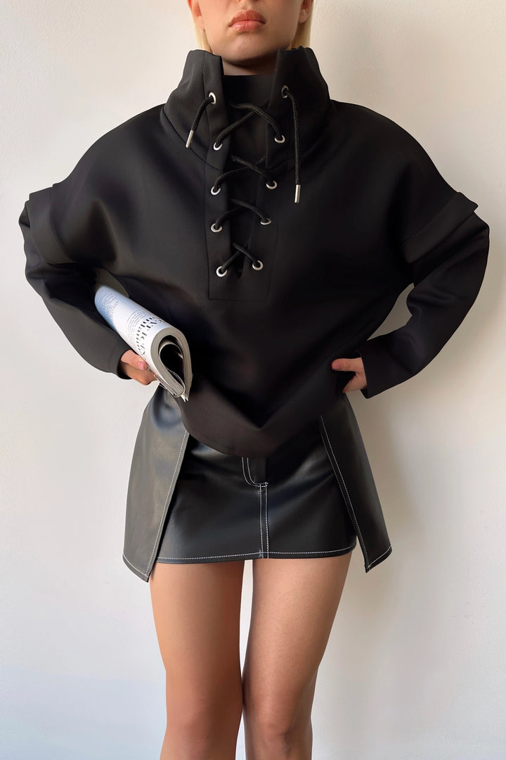Black High Neck Bird Eye Lace-Up Scuba Sweatshirt BCPK-236000 - Garden Grove
